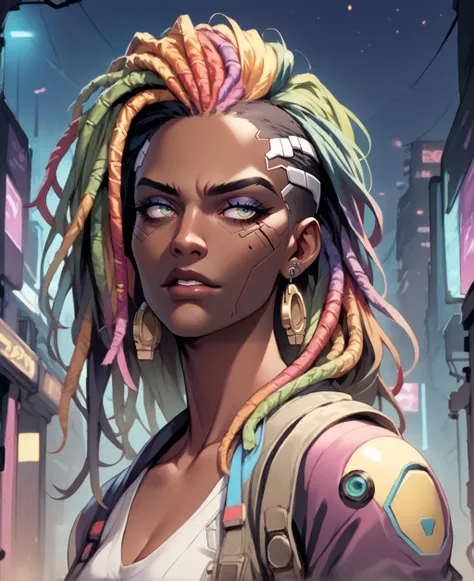 a woman with dreadlocks and a backpack in a city