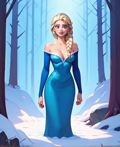 a drawing of a woman in a blue dress standing in the snow