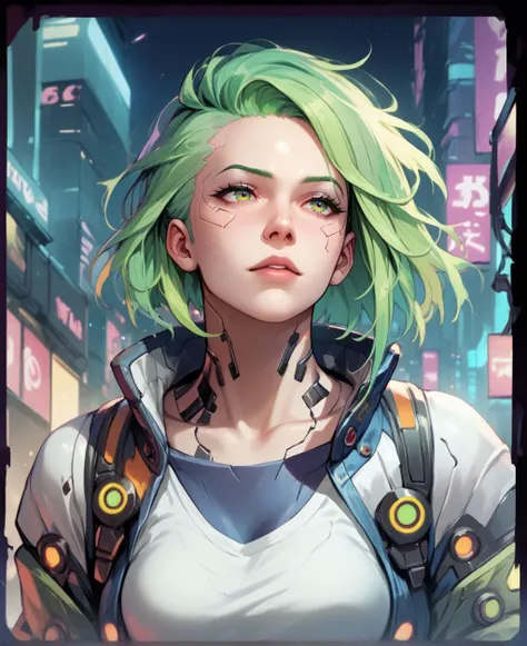 a woman with green hair and a white shirt is standing in front of a city