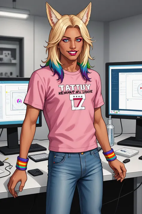 PonyXLV6_Scores, BREAK 1boy, solo, transgender male, fox ears, animal ears, tan, tan skin, ganguro, two tone hair, long hair, wearing a black and pink shirt, denim jeans, makeup, wristband, lipstick, jewelry, depth of field, indoors, science lab, computers...