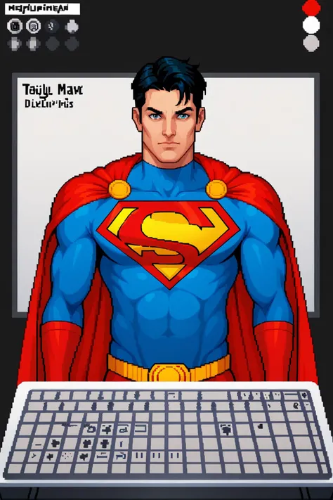 PonyXLV6_Scores, BREAK pixel art, pixelated, 1boy, male focus, Clark Kent, Superman, a very pregnant superman, alternative universe where Superman has special time with Lois Lane and her seed becomes the thing, dc comics, source_cartoon, Carved Lacquer, Ne...