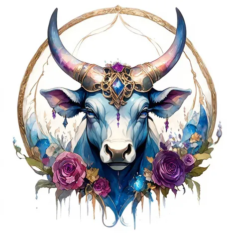 Score_9, score_8_up, score_7_up, score_6_up,    <lora:ArsMJStylePony:1>, ArsMJStyle, Taurus, The image shows a painting of a bull with horns and flowers on its head set against a white background. The bull is surrounded by a variety of colorful flowers giv...