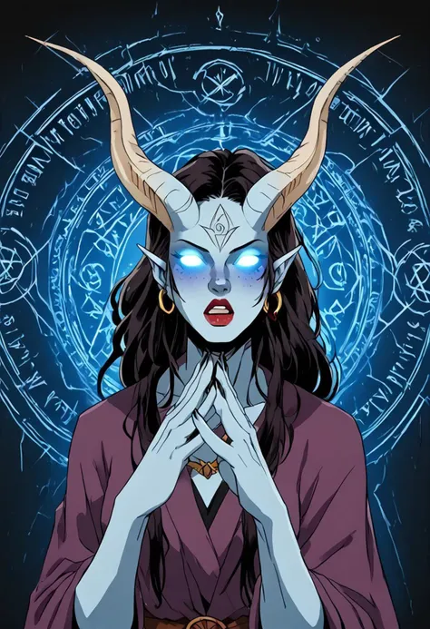 solo, score_9, score_8_up, score_7_up, score_6_up, source_anime, focus dark drawing lines, horns, magic circle, gr1sly
1girl, tiefling warlock with blue skin, glowing eyes, freckles, curvy, saliva, wearing dark flowing robes adorned with occult symbols, jo...