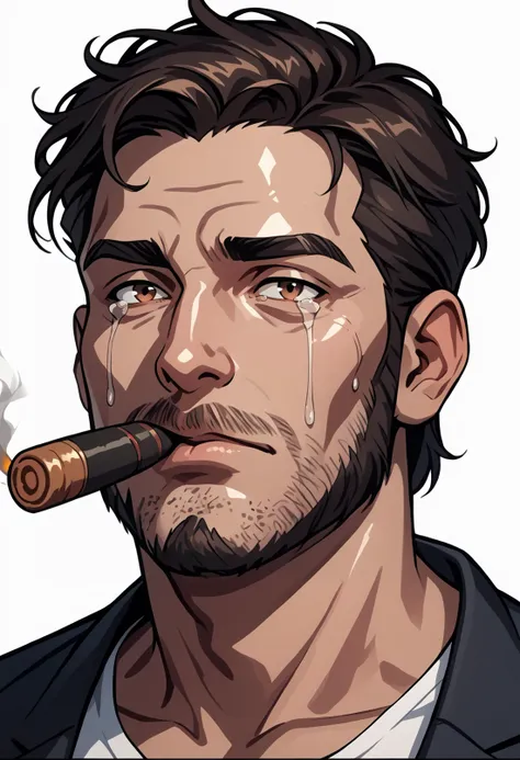 PonyXLV6_Scores 1boy, mature, male focus, beard, stubble, facial hair, a portrait of jesus with a cigar in his mouth crying at your images Aesthetic_PDXL