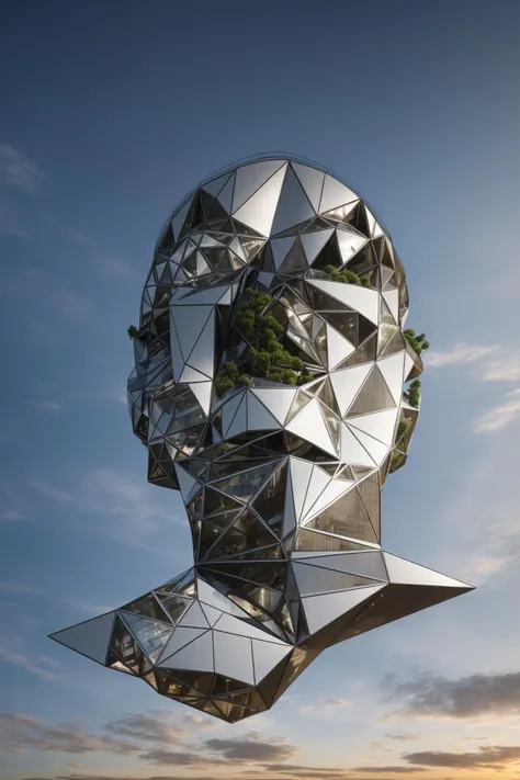 a large metal sculpture of a man's head with trees growing out of it