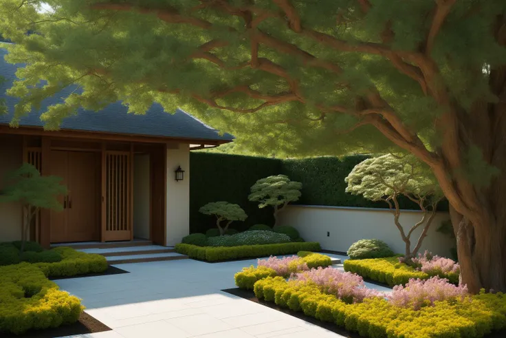 A tranquil garden scene featuring meticulously designed Japanese-style villa landscapes by renowned architects. This picturesque setting comes to life through the lens of photography, capturing the serene beauty of the gardens and architecture. The artists...