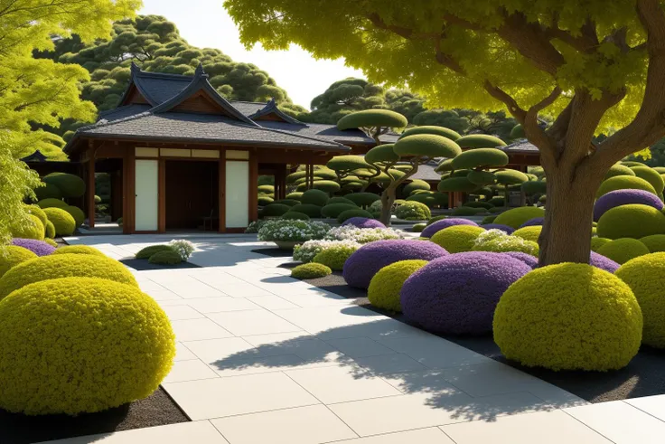 A tranquil garden scene featuring meticulously designed Japanese-style villa landscapes by renowned architects. This picturesque setting comes to life through the lens of photography, capturing the serene beauty of the gardens and architecture. The artists...