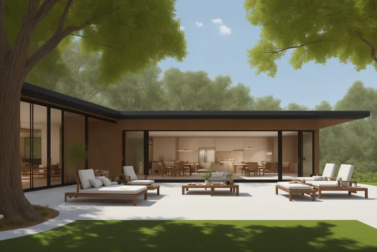 An expansive outdoor living space takes center stage in this digital rendering inspired by the artistic vision of An Zhengwen and the architectural inspiration of ArchDaily. The scene features a stone patio adorned with plush furniture, surrounded by tower...