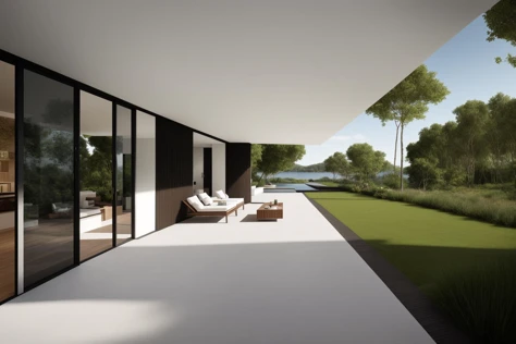 (exterior:1.4) A stunning digital illustration portraying a modern-style villa nestled alongside a serene river, designed by a renowned architect. Drawing inspiration from the works of Bjarke Ingels, the villa seamlessly blends with its surroundings. The i...