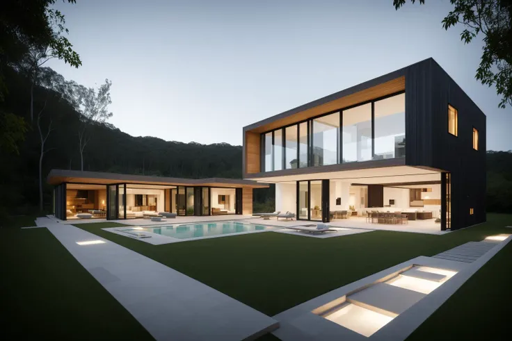 (exterior:1.4) A stunning digital illustration portraying a modern-style villa nestled alongside a serene river, designed by a renowned architect. Drawing inspiration from the works of Bjarke Ingels, the villa seamlessly blends with its surroundings. The i...