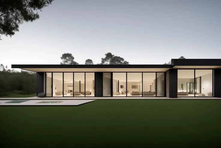 (exterior:1.4) A stunning digital illustration portraying a modern-style villa nestled alongside a serene river, designed by a renowned architect. Drawing inspiration from the works of Bjarke Ingels, the villa seamlessly blends with its surroundings. The i...