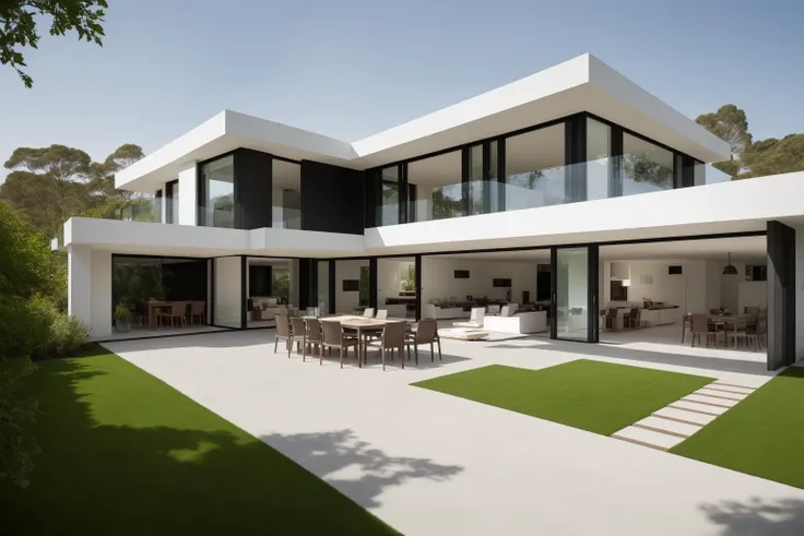 (exterior:1.4) A stunning digital illustration portraying a modern-style villa nestled alongside a serene river, designed by a renowned architect. Drawing inspiration from the works of Bjarke Ingels, the villa seamlessly blends with its surroundings. The i...