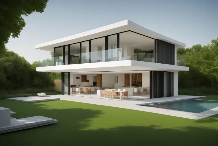 (exterior:1.4) A stunning digital illustration portraying a modern-style villa nestled alongside a serene river, designed by a renowned architect. Drawing inspiration from the works of Bjarke Ingels, the villa seamlessly blends with its surroundings. The i...