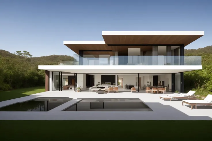 (exterior:1.4) A stunning digital illustration portraying a modern-style villa nestled alongside a serene river, designed by a renowned architect. Drawing inspiration from the works of Bjarke Ingels, the villa seamlessly blends with its surroundings. The i...