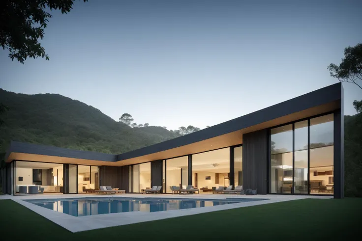 (exterior:1.4) A stunning digital illustration portraying a modern-style villa nestled alongside a serene river, designed by a renowned architect. Drawing inspiration from the works of Bjarke Ingels, the villa seamlessly blends with its surroundings. The i...