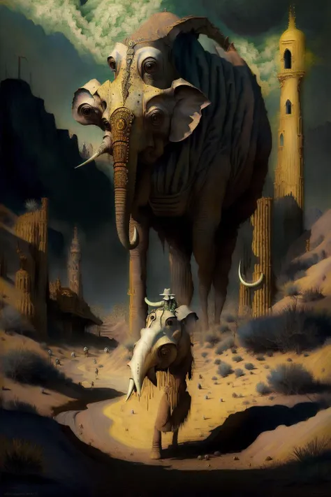 ((high quality, masterpiece:1.4)), druid in robes and gas mask crossing the desert with a large creature that looks like an elephant, saddle, gold chains, ornate, sand, blue sky, simple compsition, oil painting style, oil painting, oil painting style, oil ...