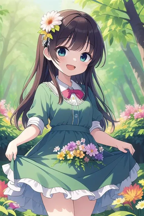 a girl in a green dress holding flowers in a forest