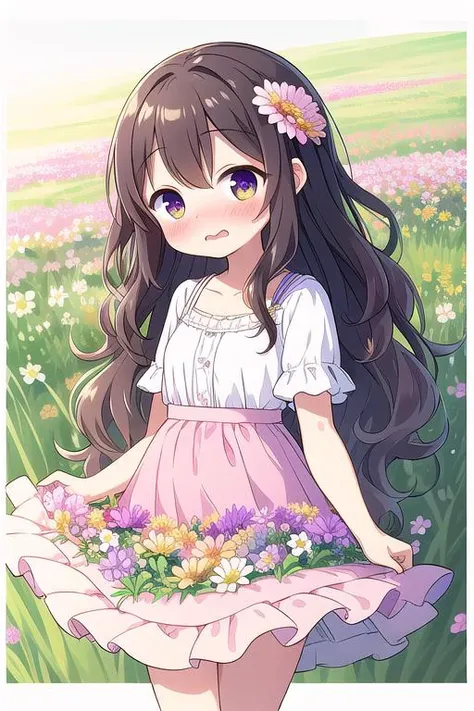 masterpiece,ultra detail,best quality,1girl,blush,shy,wavy mouth,items on skirt,flowers on skirt,flower field, <lora:items_on_the_skirt:0.8>,many flowers,legs