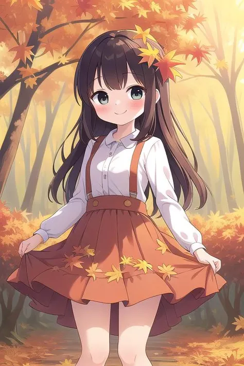 masterpiece,ultra detail,best quality,1girl,blush,shy,smile,items on skirt,leaves on skirt,autumn forest, <lora:items_on_the_skirt:0.8>,many autumnleaves,legs