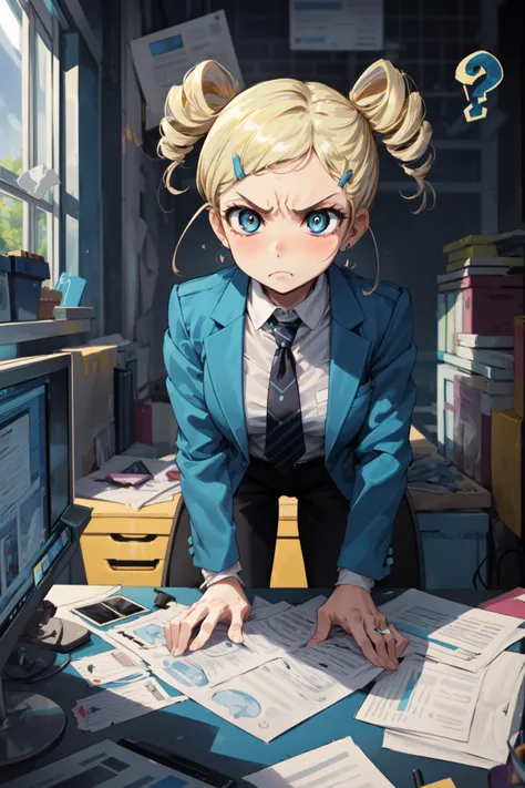 masterpiece,best quality,1girl,ppgzmyk,blue eyes,blonde hair,twin drills,hairclip,blue business suit,bent over,sitting,angry,frown,confused,(spoken question mark),documents,office,<lora:PPGZ-Miyako_Gotokuji:1>,