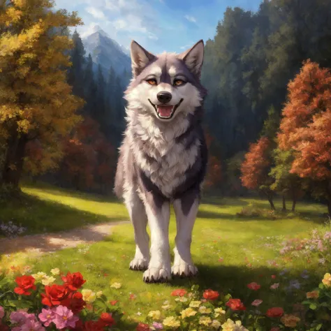 painting of a dog standing in a field of flowers with a mountain in the background