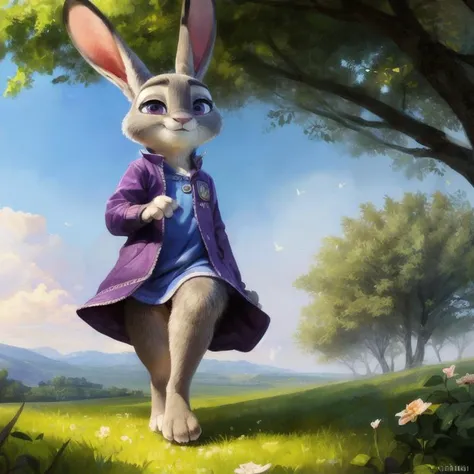 painting of a rabbit in a purple coat and blue shirt running in a field