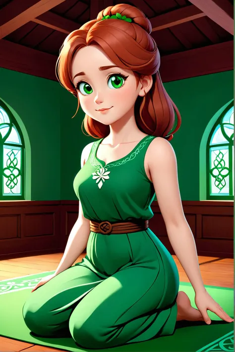 Irish woman with red hair wearing traditional green dress, illustration, 3d, cartoon, 
shamrock, CELTIC CROSS, CELTIC KNOT, 
high resolution, high quality, detailed, masterpiece, hdr, sharp,
Serene yoga studio and calming ambiance at background,
[Studio Gh...