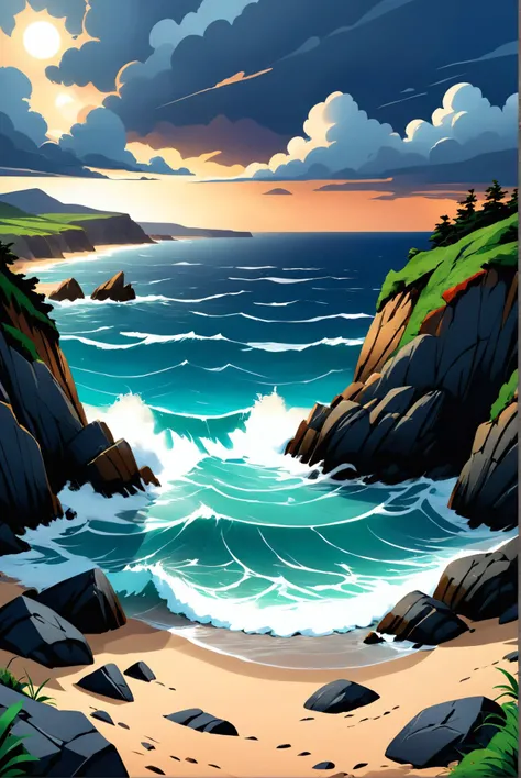 A rugged coastal path leading to a hidden beach, with waves crashing against rocks, under a dramatic, stormy sky., illustration, 3d, cartoon,
high resolution, high quality, detailed, masterpiece, hdr, sharp,
[Realism style],[ basety style], 
BREAK
score_9,...