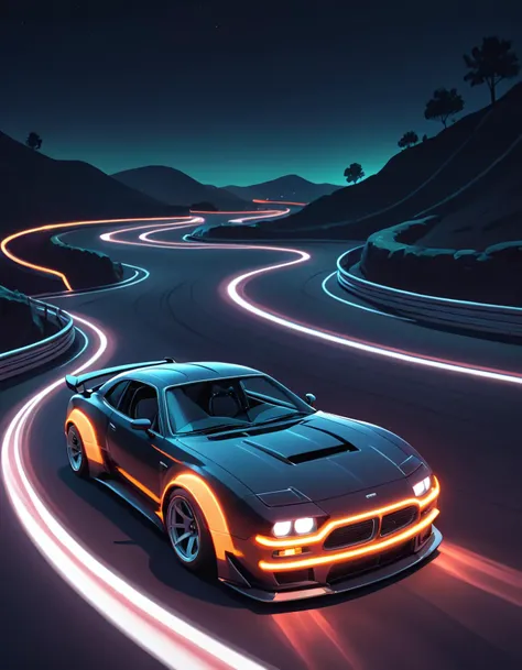 a sports car driving on serpentines at night, 4k, uhd, masterpiece