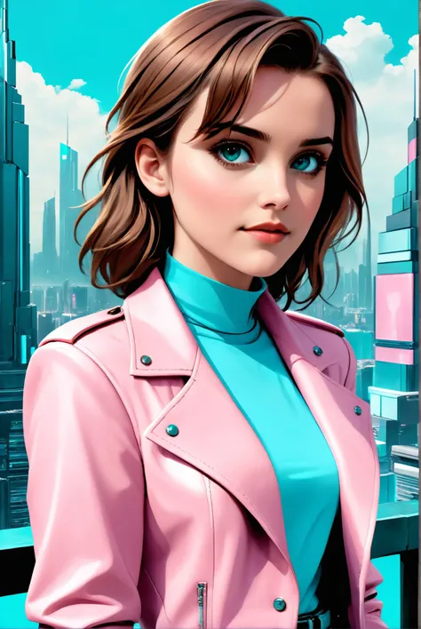 ,  young woman,  closeup upper body, middle shot,
,Polaroid,
([Emma( :0)Watson|Winona( :0)Ryder| Keira( :0)Knightley]:0.9), average,
Turquoise jeans,
highres, detailed, sexy,well dressed, realistic,
Dystopian future city and cyberpunk theme at the backgrou...