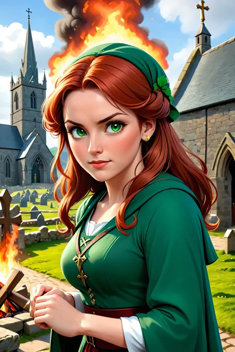 Irish woman with traditional green dress and red hair, closeup,
realistic, real life,
high resolution, high quality, detailed, masterpiece, hdr, sharp,
Irish village at background, church, shamrock, fire, battle scene,
[Impressionism style],[ abbe bi style...