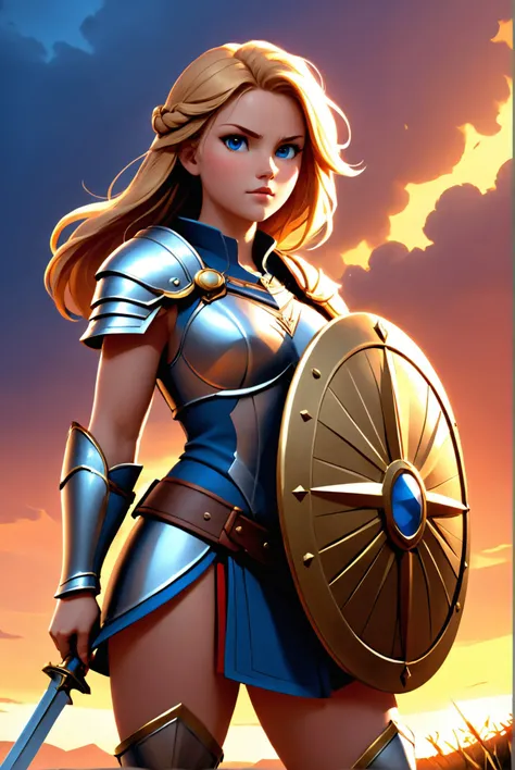 A fierce shield maiden standing victorious on a battlefield, her armor inscribed with runes of power, under the victorious light of a setting sun., illustration, 3d, cartoon,
high resolution, high quality, detailed, masterpiece, hdr, sharp,
[Constructivism...