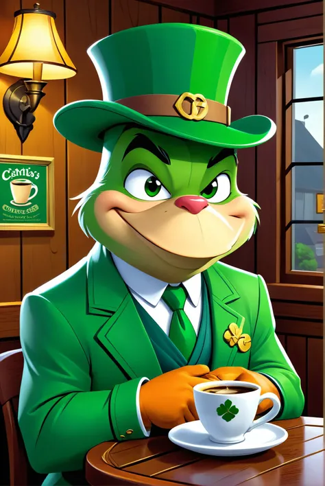 Irish LEPRECHAUN with hat and green suit, illustration, 3d, cartoon, 
high resolution, high quality, detailed, masterpiece, hdr, sharp,
Cozy coffee shop and rainy day at background,
[Looney Tunes style],[ basety style], 
(shamrock, HARP, SNAKE, CELTIC CROS...