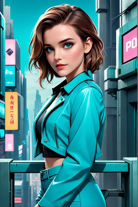 ,  young woman,  closeup upper body, middle shot,
,Polaroid,
([Emma( :0)Watson|Winona( :0)Ryder| Keira( :0)Knightley]:0.9), average,
Turquoise jeans,
highres, detailed, sexy,well dressed, realistic,
Dystopian future city and cyberpunk theme at the backgrou...