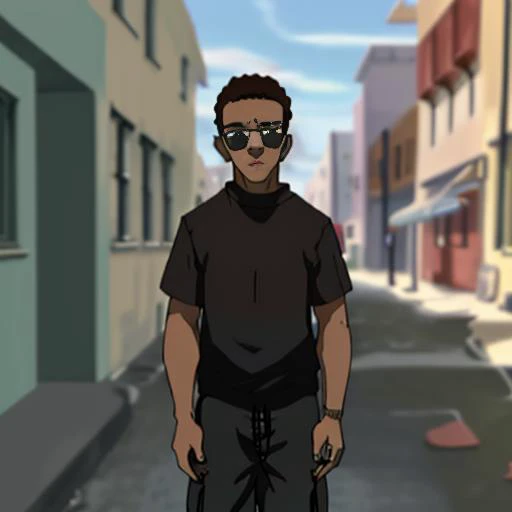 18 years old black man wearing baggy pants, in the street, masterpiece, perfect quality, sharp focus, shallow depth of field, 8k, boondocks <lora:EdobBoondocksArtStyle_v2.0:1> EdobBoondocksArtStyle