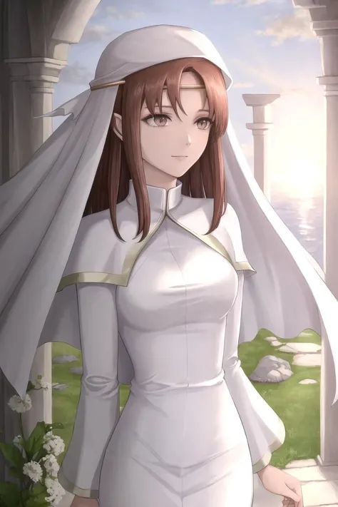 (masterpiece, best quality:1.2), elen, circlet, veil, white dress, capelet, slight smile, sunset,  <lora:elen-nvwls-v1:0.9>