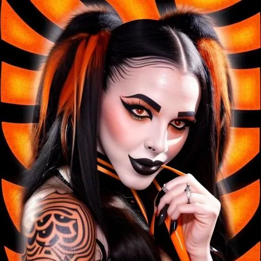 trixy_treats, ((((beautiful face)))), ((perfect face)), deliberate, masterpiece, best quality, highest quality, cinematic lighting, very beautiful, ultra realistic, tattoos, tattooed, beautiful, black dress with orange vertical stripes,