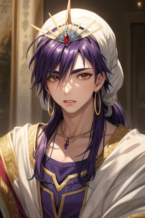 masterpiece, best quality, high quality, 1boy, solo, male focus, looking at viewer, upper body, <lora:sinbad_adult_magi:0.66>, sinbad_adult_magi, jewelry, purple hair, brown eyes, long hair,