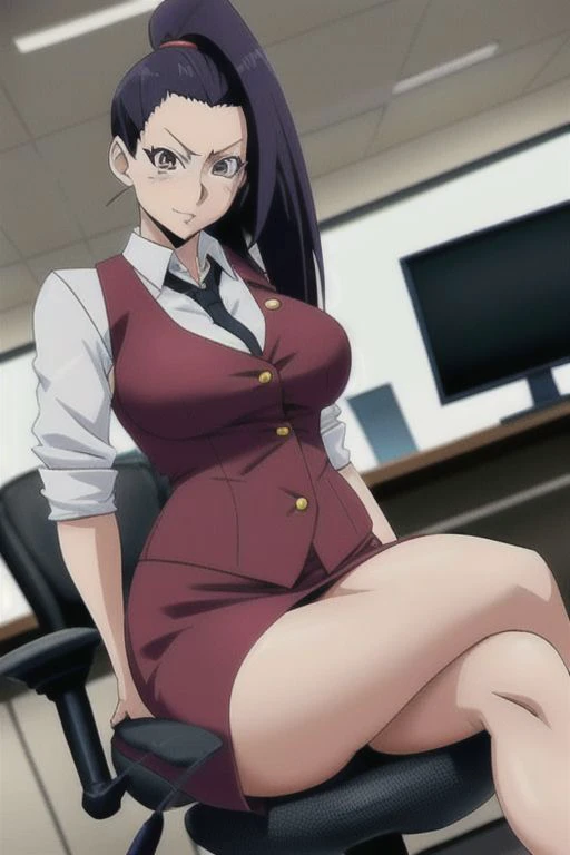 ino yamanaka looking sexy in a office dress with some buttons open and her laps showing a little