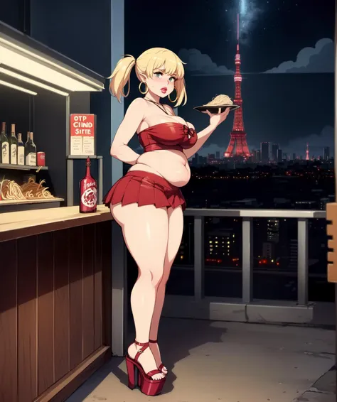 a woman in a red dress standing in front of a bar