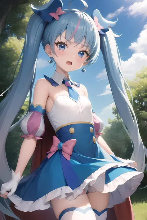 masterpiece, best quality,1girl,
<lora:locon_cure_sky_1:1>, cure sky,
dress, twintails, gradient hair, ahoge, blunt bangs:1.5, head wings, fingerless gloves, white shirt, puffy detached sleeves, cape, thighhighs, blue legwear, gem, single earring,flat ches...