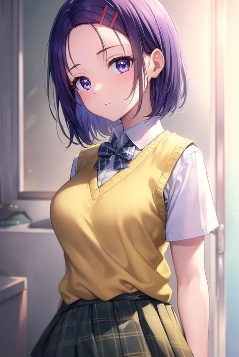 harunasairenji, <lyco:harunasairenji-lyco-nochekaiser:1>,
haruna sairenji, hair ornament, hairclip, (purple eyes:1.1), purple hair, short hair, swept bangs, (forehead:1.3),
BREAK green skirt, plaid, plaid skirt, sainan high school uniform, school uniform, ...