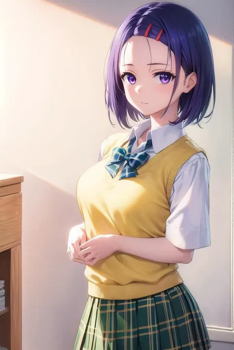 anime girl in school uniform standing in front of a mirror