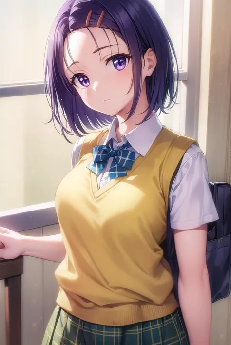 anime girl with purple hair and a yellow shirt and green skirt