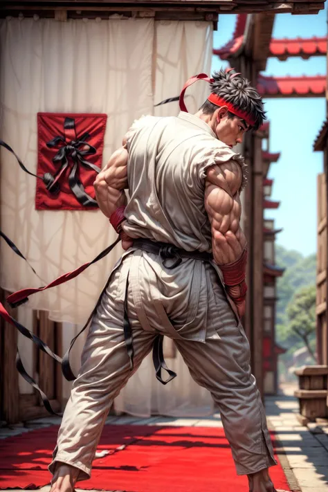 8k,(photorealistic:1.4),(masterpiece:1.4),(best quality:1.2),(ultra detailed:1.2),ultra highres,extremely delicate and beautiful,from behind,1boy,solo,ryu,street fighter,(white dougi),(black obi),red hachimaki,black hair,red fingerless gloves,(sfr1v),baref...