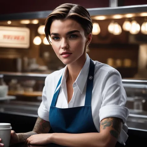 ruby_rose, <lora:RubyRoseXL:1>,(dark shot:1.4), 80mm, woman, working as a (waitress) at a diner, wearing white shirt, blue apron, jeans, looking at the viewer, ((perfect eyes, detailed eyes,realistic eyes)), ((sharp face, detailed face, realistic face, nat...