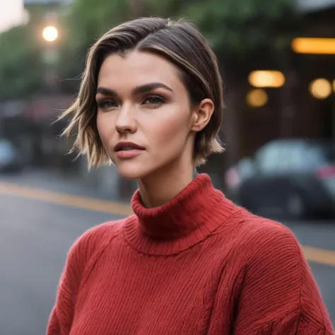 ruby_rose, <lora:RubyRoseXL:1>, long hair, (walking down the street at dawn), hawaii, posing for the camera, turtleneck sweater, model shoot, subtle make up,posing for the cam, (masterpiece, best quality, ultra-detailed, best shadow), high contrast, (best ...