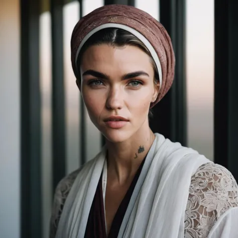 ruby_rose, <lora:RubyRoseXL:1>, corroded passport photo, a boring  sad woman, full covered body, looking at the viewer, close up, upper body, white amish clothing, headscarf, muted colors, pale colors, supressed colors, undersaturated, ((perfect eyes, deta...