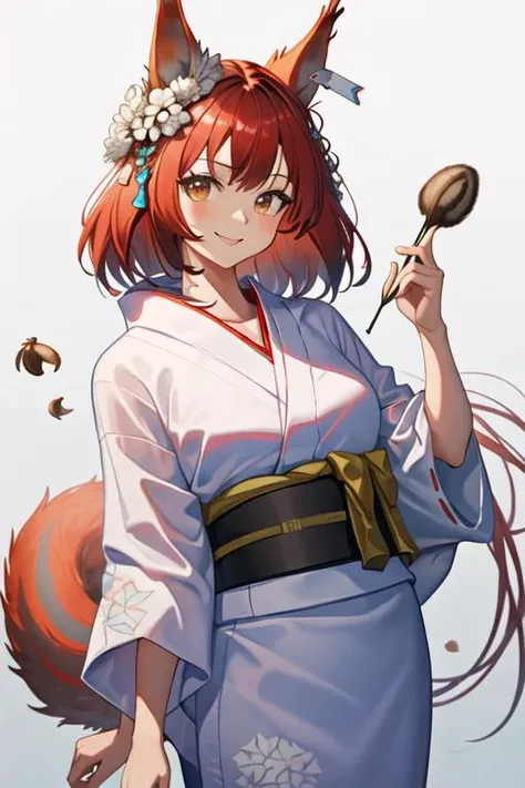 best quality, masterpiece, highres, solo, {yukata:1.40}, {kimono:1.20}, {flametail_arknights:1.15}, animal_ears, red_hair, squirrel_ears, long_hair, smile, bangs, squirrel_girl, brown_eyes, upper_body, tail, squirrel_tail