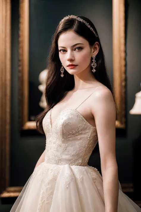 MackenzieF_SoloTI_v1,
(In a flowing ivory gown with intricate lace details, paired with vintage pearl earrings, for a timeless and elegant look), (Amidst a grand museum exhibit, surrounded by ancient artifacts juxtaposed against modern art installations, a...